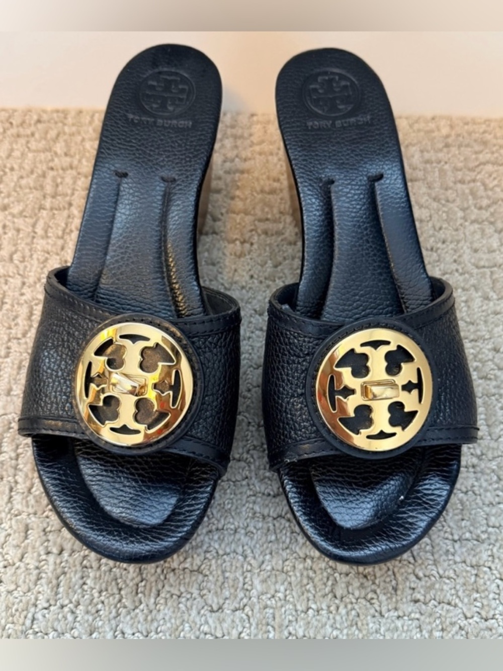 Black Leather Platform Slide Wedges with Gold TB Medallion - Picture 4 of 6